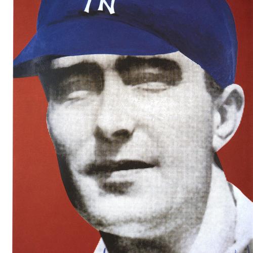 Portfolios depicts: black and white photograph of mid-20th-century man's face, with added Yankees baseball cap and uniform