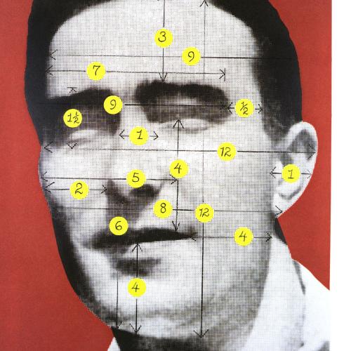 Portfolios depicts: black and white photograph of mid-20th-century man's face, crossed by several vertical and horizontal lines, each with a yellow circle with a length