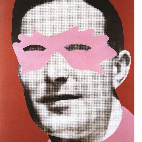 Portfolios depicts: black and white photograph of mid-20th-century man's face, shirt painted pink, pink feathered mask painted over eyes