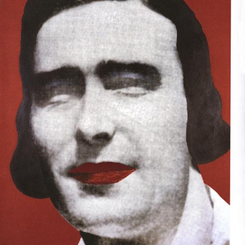 Portfolios depicts: black and white photograph of mid-20th-century man's face, painted to have long hair and lipstick