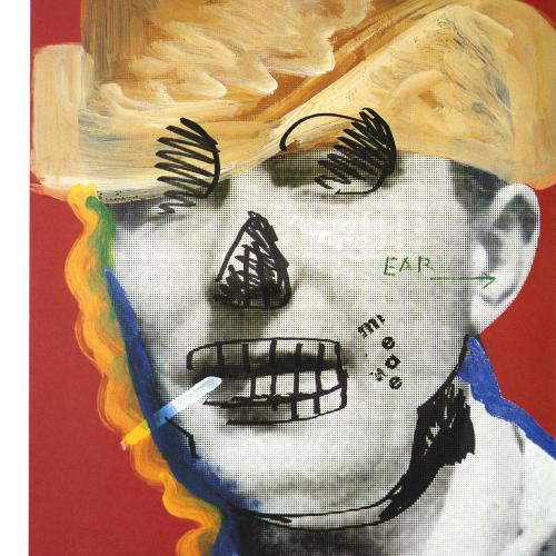 Portfolios depicts: black and white photograph of mid-20th-century man's face, with roughly painted cowboy hat and cigarette, pen-ink skull overlay