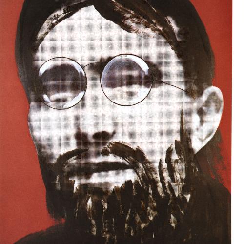Portfolios depicts: black and white photograph of mid-20th-century man's face, with round glasses and beard and long-hair painted on