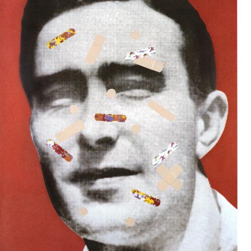 Portfolios depicts: black and white photograph of mid-20th-century man's face covered in various Band-Aids