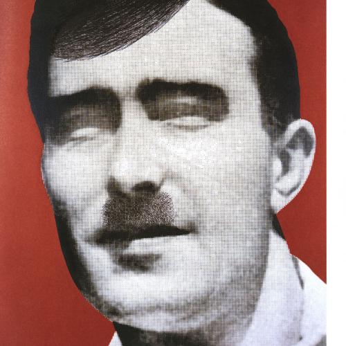 Portfolios depicts: black and white photograph of mid-20th-century man's face, hair and mustache drawn to look like Adolf Hitler