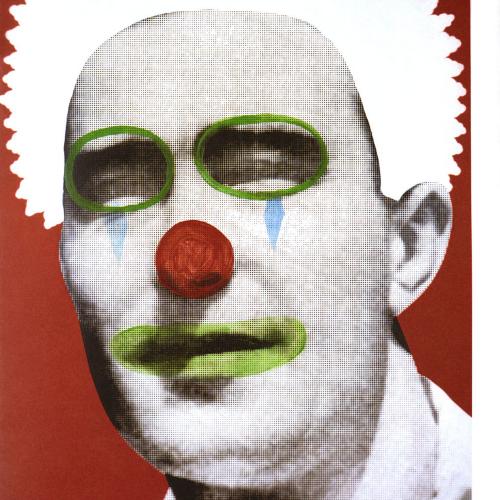Portfolios depicts: black and white photograph of mid-20th-century man's face, painted over to look like clown makeup