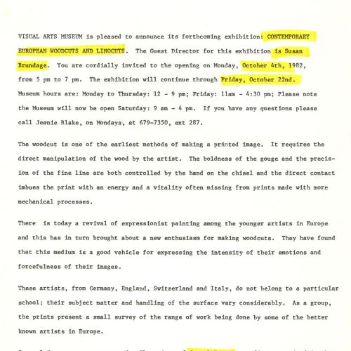Press Releases depicts: Typewritten description of exhibition
