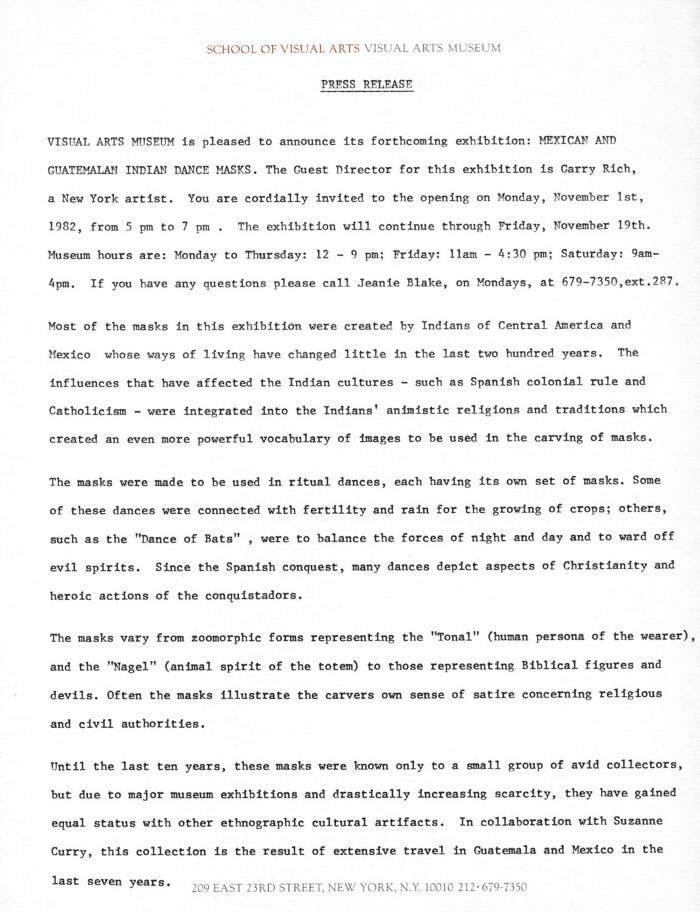 Press Releases depicts: Typewritten description of exhibition