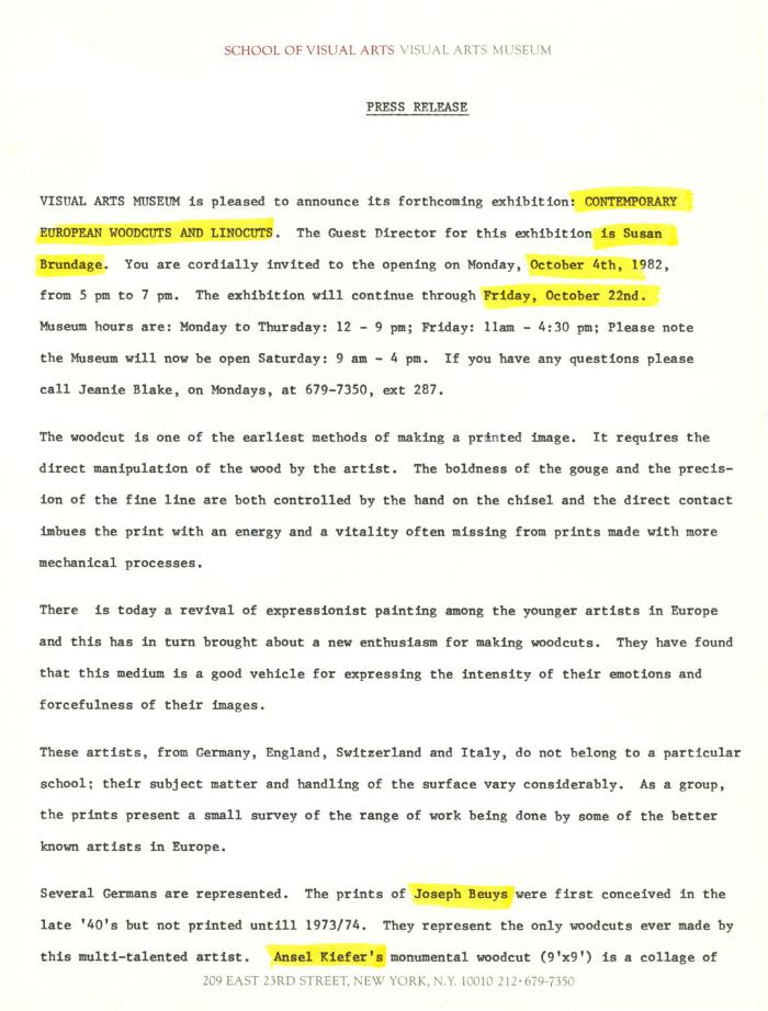 Press Releases depicts: Typewritten description of exhibition