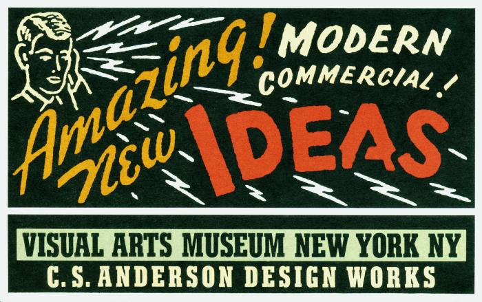 Announcements and invitations depicts: exhibition title and details in 1950s advertisement style