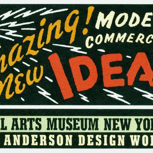 Announcements and invitations depicts: exhibition title and details in 1950s advertisement style