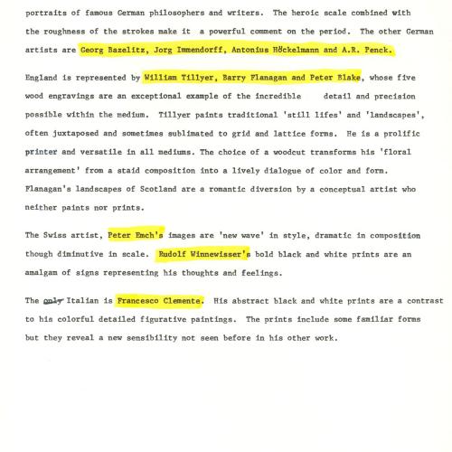Press Releases depicts: Typewritten description of exhibition