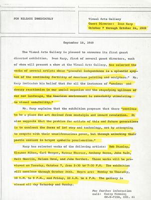 Prints depicts: typed press release on Visual Arts Gallery letterhead