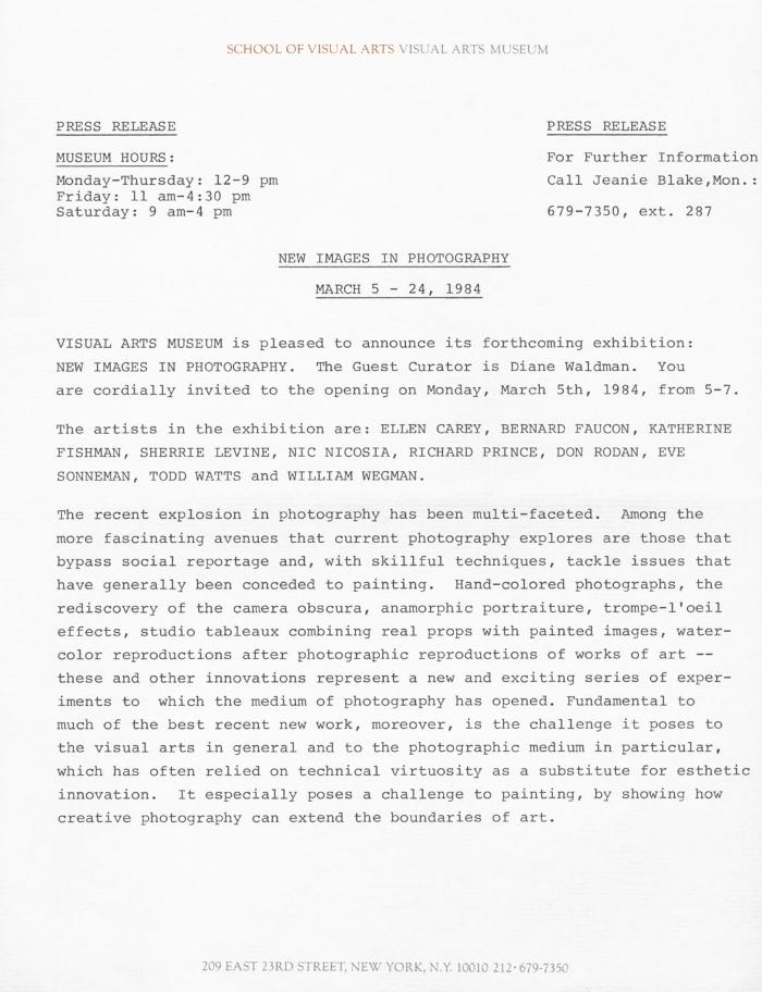 Press Releases depicts: Typewritten document describing exhibition