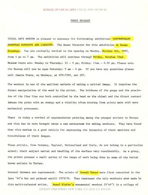 Press Releases depicts: Typewritten description of exhibition