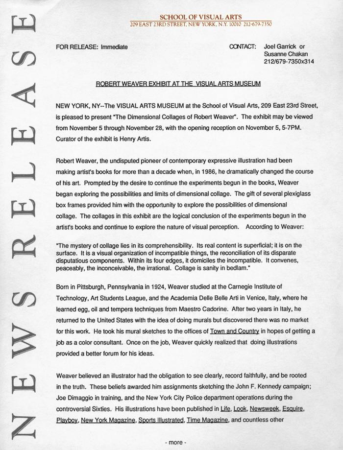 Press Releases depicts: Typewritten document describing exhibition
