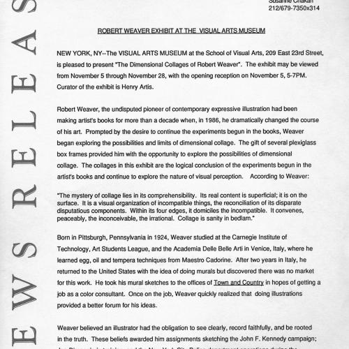 Press Releases depicts: Typewritten document describing exhibition