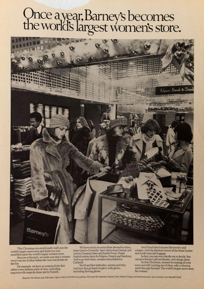 Advertisements depicts: A group of women wearing fancy hats and fur coats shopping