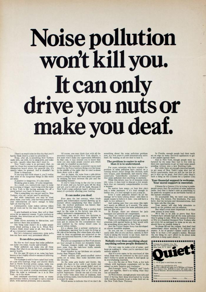 Advertisements depicts: Block of text, in the bottom right it says "Quiet!"