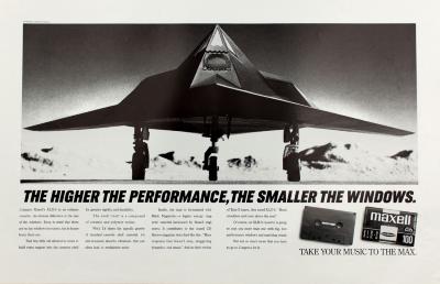 Advertisements depicts: Geometric modern fighter pilot on the ground facing the camera, two casette tapes, one plain black, the other with a Maxwell label sit in the bottom right corner