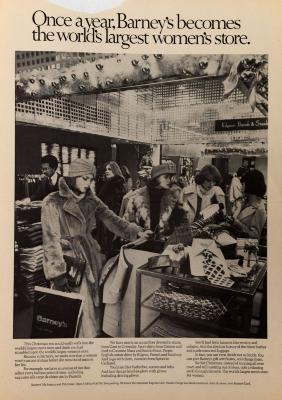 Advertisements depicts: A group of women wearing fancy hats and fur coats shopping