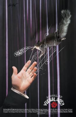 Posters depicts: Illustration on top of a photograph of a magician's hand making a squirrel appear out of thin air against a dark purple background.