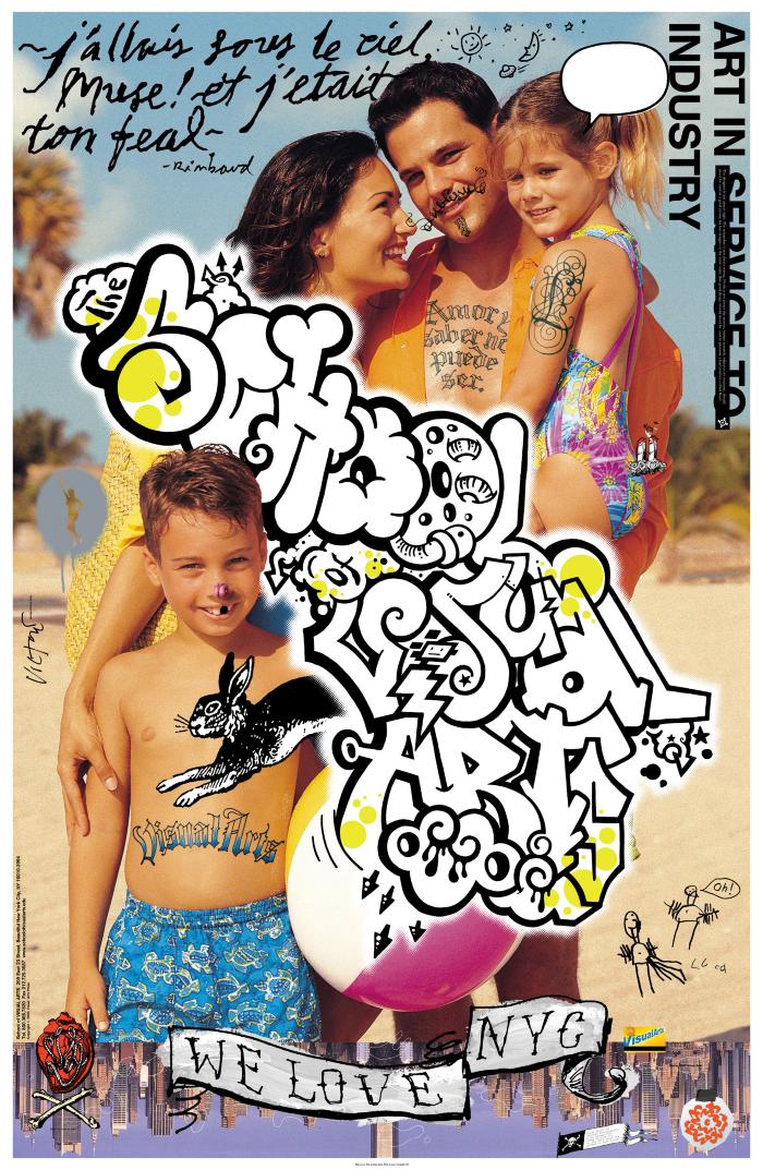 Posters depicts: Color collage and illustration on top of a beach portrait of a couple and their two young kids. "School of Visual Arts" is in a handwritten, graffiti-style font.