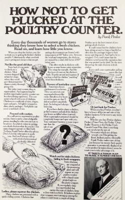 Advertisements depicts: Newspaper with four line art illustrations of a woman holding a cooked chicken, a cooked chicken in plastic wrap, a cooked chicken in plastic wrap with a question mark on it, and a stack of Perdue tags 