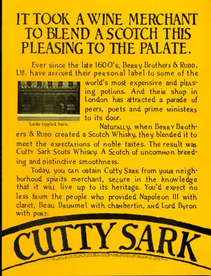 Advertisements depicts: Yellow label with black text about scotch and photo of storefront 