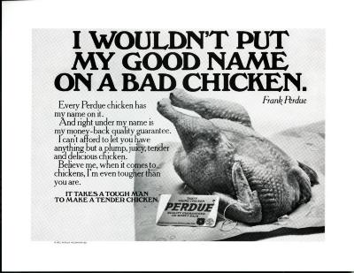 Advertisements depicts: Raw chicken with a Perdue tag tied to it