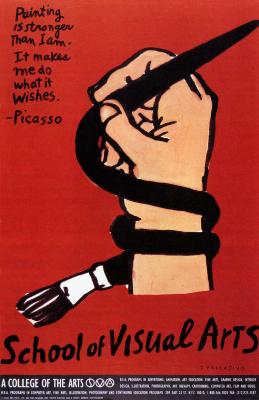 Posters depicts: Simple illustration of a hand holding a paintbrush, which is coiled back around the wrist against a red background.