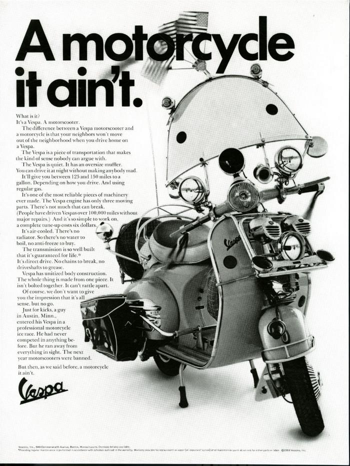 Advertisements depicts: A vespa decked out with bags, a windshield, and flags