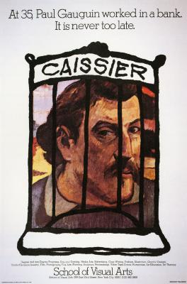 Posters depicts: Gaugin's self portrait behind a simple depiction of a bank teller station against a white background.