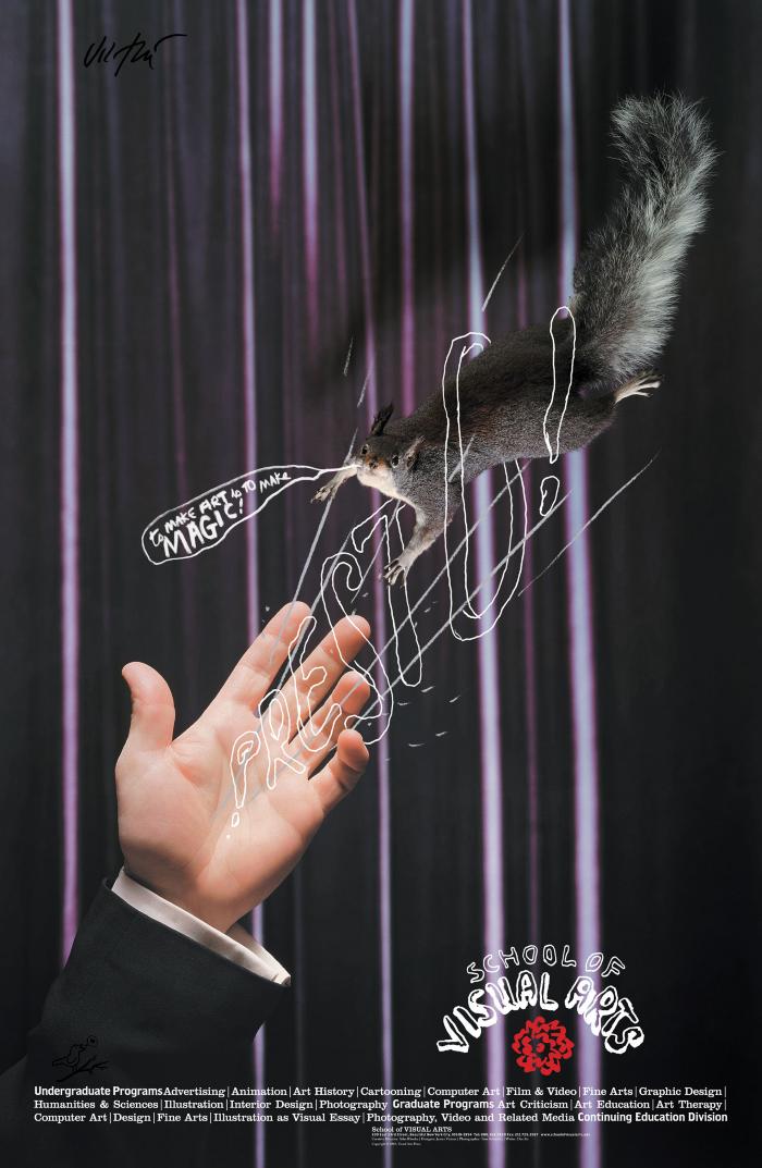 Posters depicts: Illustration on top of a photograph of a magician's hand making a squirrel appear out of thin air against a dark purple background.