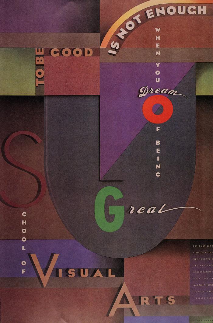 Posters depicts: Dark arrangement of text and geometric shapes in purple, red and green.