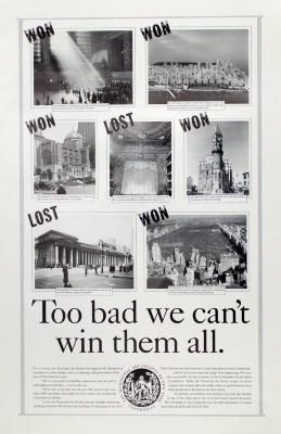 Advertisements depicts: 7 images of cities and buildings, five have a "won" stamped over them, two have a "lost" stamped over them 