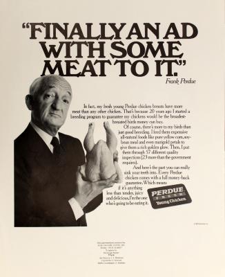 Advertisements depicts: Frank Perdue wearing a suit holding a raw chicken 