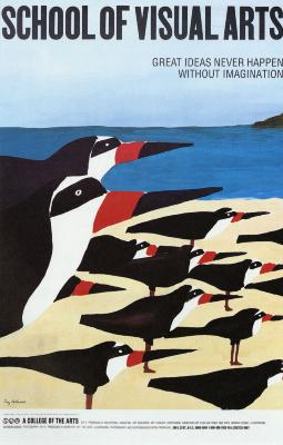 Posters depicts: Blocky color illustration of a flock of birds standing on a beach.