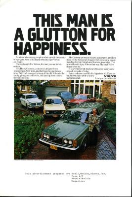 Advertisements depicts: A man leaning against a green Volvo parked in his driveway, with four other Volvo's behind him 