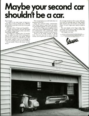 Advertisements depicts: A garage with a basketball hoop attached with the garage door open, inside is a parked car and vespa 