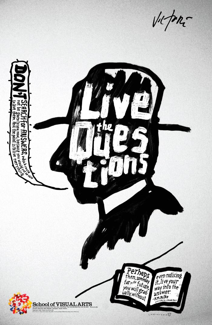 Posters depicts: Black ink profile of a man against a white background, wearing a hat; a speech bubble comes out of his mouth. A small open book is on lower right-hand side. Text is inside the head, book and speech bubble.
