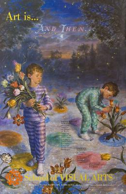 Posters depicts: Realistic illustration of two boys in pajamas wandering in a forest, picking flowers that burst out of colorful spots on the ground.
