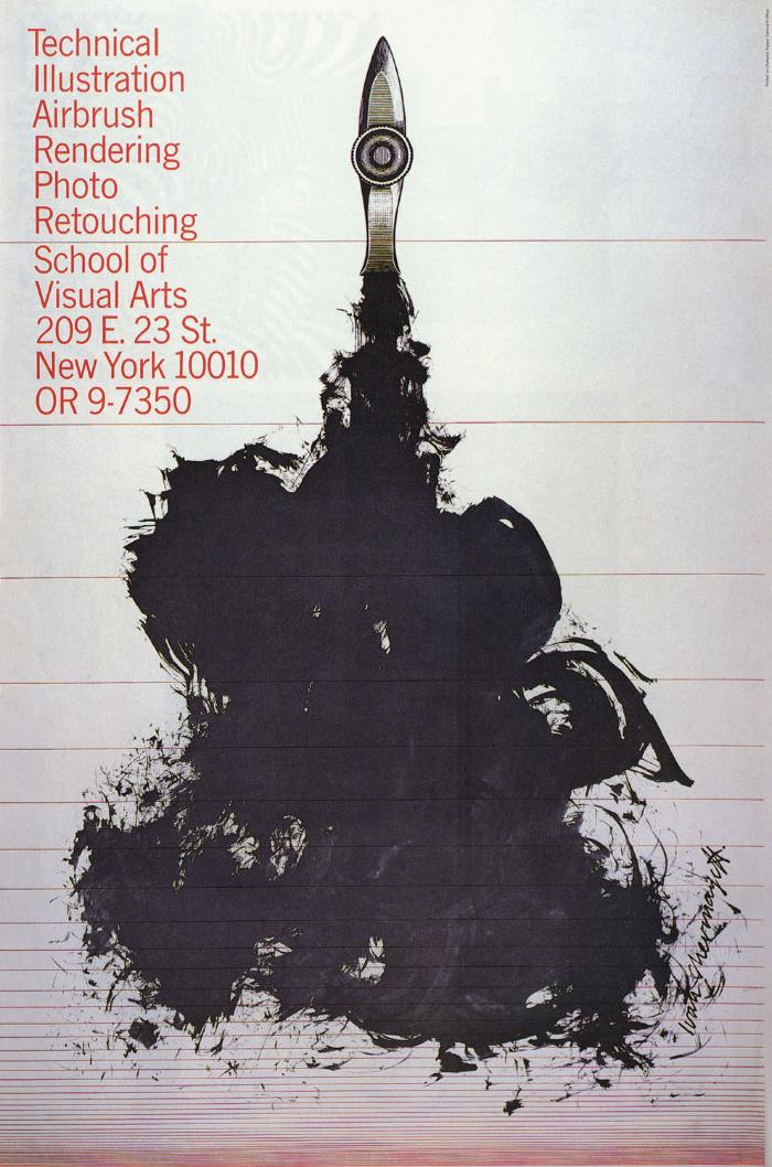 Posters depicts: A drawing of the nib of a ruling pen with ink coming out in messy blotches and swirls suggesting a rocket taking off and its exhaust, against a background of thin, horizontal red lines increasingly closer together toward the bottom of the poster.