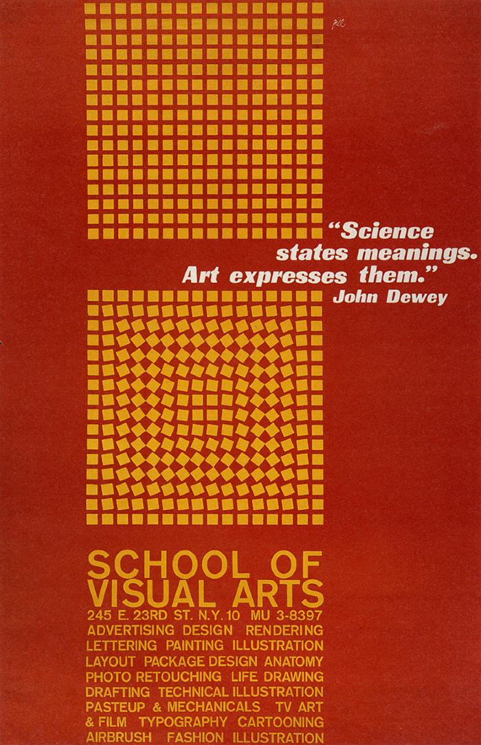 Posters depicts: Two yellow grids against a red background; one is normal, but the other has blocks twisted slightly to create a spiraling effect. Text is in yellow.