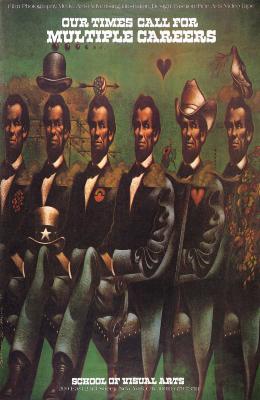 Posters depicts: Color illustration of multiple portraits of Abe Lincoln sitting side by side, identical save for various hats and accessories.