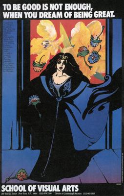 Posters depicts: Primarily blue illustration of a female opera singer on stage, against a background of red and yellow flowers; more flowers are thrown at her feet.
