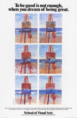 Posters depicts: Color illustration of a grid of seemingly identical portraits of ships on easels on a beach, save for the boat sinking more in every frame, and the tides coming in and out.