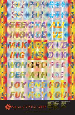 Posters depicts: A grid of colorful, kaleidoscopic boxes filled with descriptive words in block text (wonder, joyful, energy, for you, etc.) centering around one that says "Art is"