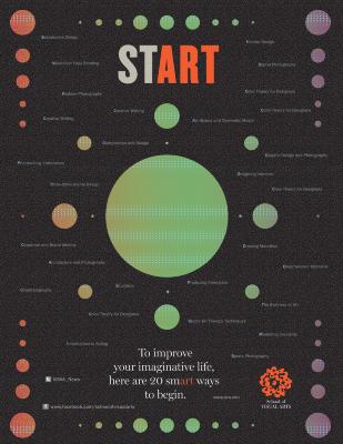 Posters depicts: Collection of colorful circles against a black background; text is in grey and white, instances of the letters "art" appear in orange.