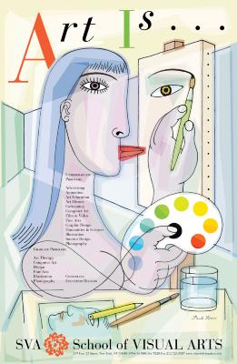 Posters depicts: A pale, Picasso-esque illustration of a female artist painting a picture.