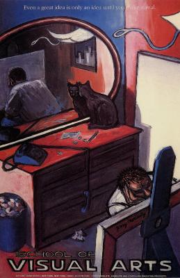 Posters depicts: Painting focusing on the interior of a man's room as he ponders a painting; a red dresser with a phone, blank canvas, large mirror and black cat on top are visible.